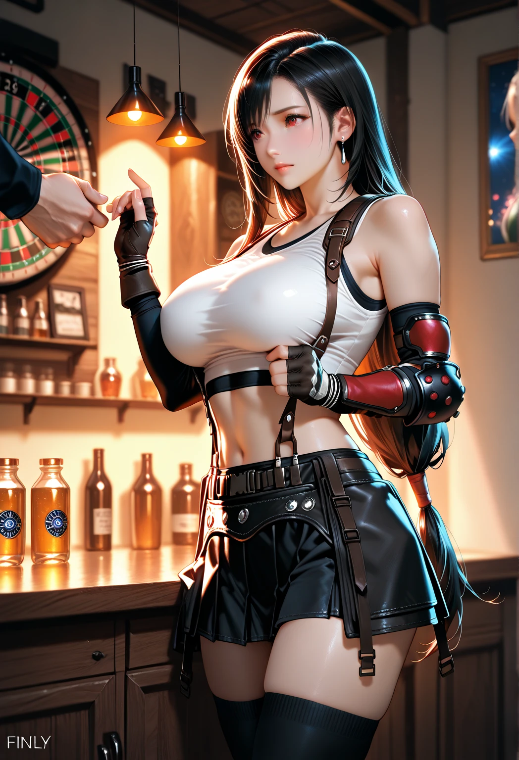 (8k, best quality, masterpiece:1.2), (realistic, photo-realistic:1.37), ultra-detailed, 1 girl,cute, solo, (tifa lockhart), ((huge breasts:1.6),(beautiful detailed eyes), (smile:1.4), winking (closed mouth), erotic pose, outside an industrial factory, depth of field, dark intense shadows, sharp focus, depth of field, good composition, Final Fantasy VII, (white tank top:1.3), (black leather mini skirt:1.3) (red gloves and boots) (full body:1.5), head rest, lips, pretty face, ((red eyes:1.3)), (night:1.2), intricate, bokeh, (Tetsuya Nomura style), nsfw, perfect breasts, view from below