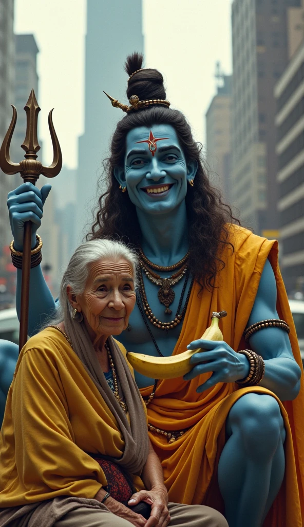 A poor Indian old woman with lord Krishna who helps her by caught her hands