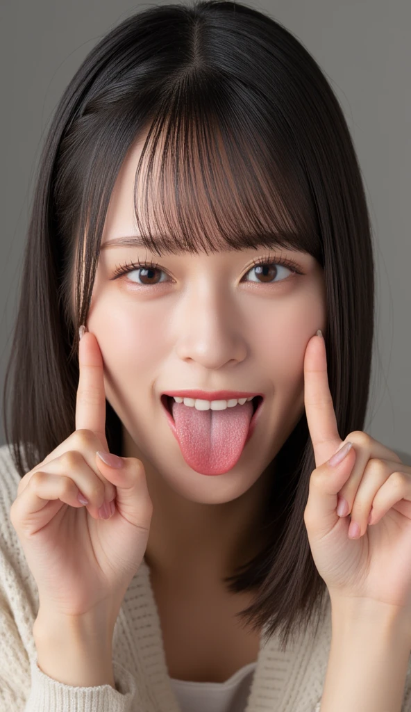 (highest quality、Tabletop、8k、Best image quality、Award-winning works)、1. pretty girl、(A fluffy and elegant white V-neck cardigan:1.1)、(An elegant cardigan with a very smooth and high-quality texture...:1.1)、Perfect girl portrait photo、Glowing Skin、Brown Hair、(Cleavage:1.1)、Standing Elegantly、(Face close-up:1.1)、(Open your mouth and stick out your tongue:1.3)、(Perfect beautiful tongue:1.2)、Cute Smile、(The simplest beige background:1.1)