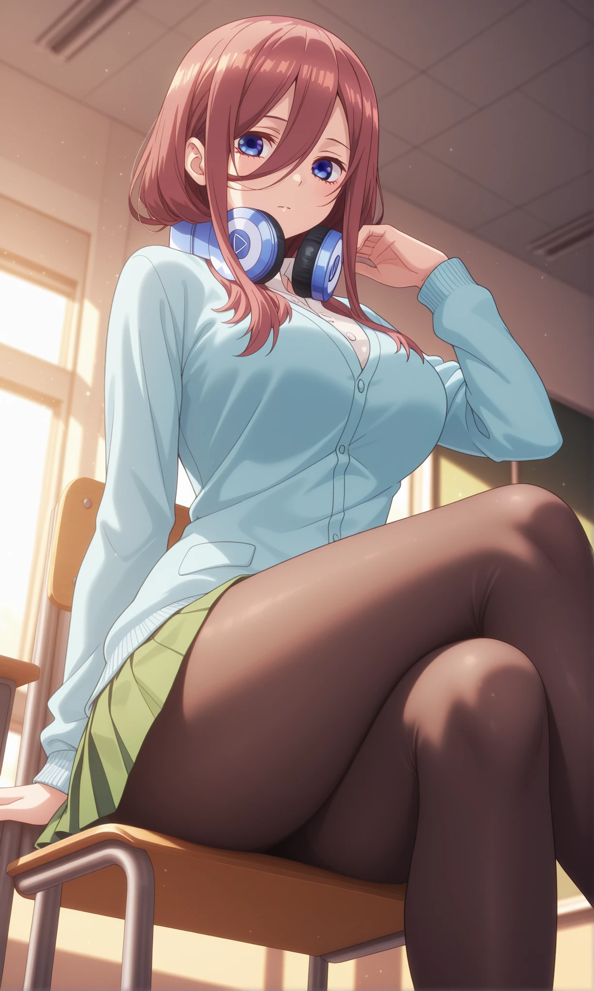 masterpiece, best quality, highres, nm1, headphones around neck, school uniform, long sleeves, blue cardigan, green skirt, pantyhose, cowboy shot, a cartoon picture of a woman in a black and yellow outfit holding a mask, sona is a slender, asriel dreemurr, craxula, sinister pose, sfw version, villain pose, 2 b, 2b, hornet from hollow knight, inspired by INO, evil standing smiling pose, divine ray over her head, as an anime character