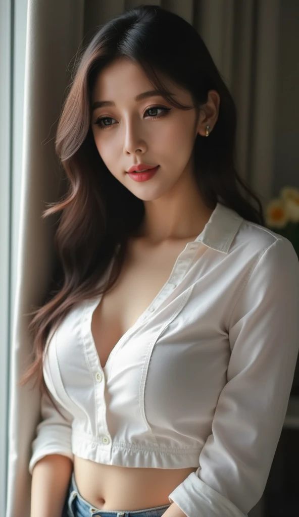 (ultra high definition:1.3), (best quality, 8 thousand), beautiful and cute girl, full body photo, Very beautiful and delicate, sweet, delicate and beautiful fair skin, Detailed facial description, high nose bridge, soft flowing hair, very delicate hair, feminine temperament, face light, tall, thin, really, hyper-really, full body lens, dynamic angle, ultimate picture quality, highest precision, Accurate and perfect human body structure, (Sit on the bed next to the window with your legs spread wide:1.3), (ultra mini clingy skirt :1.3), (White open collar shirt that shows half of her big breasts:1.3), (beautiful body:1.3), (slim legs:1.3), open upper chest, smiling face, (Layered hair:1.3), White socks, (saggy breasts:1.3), thin 다리, Grab your skirt and cover your panties,
