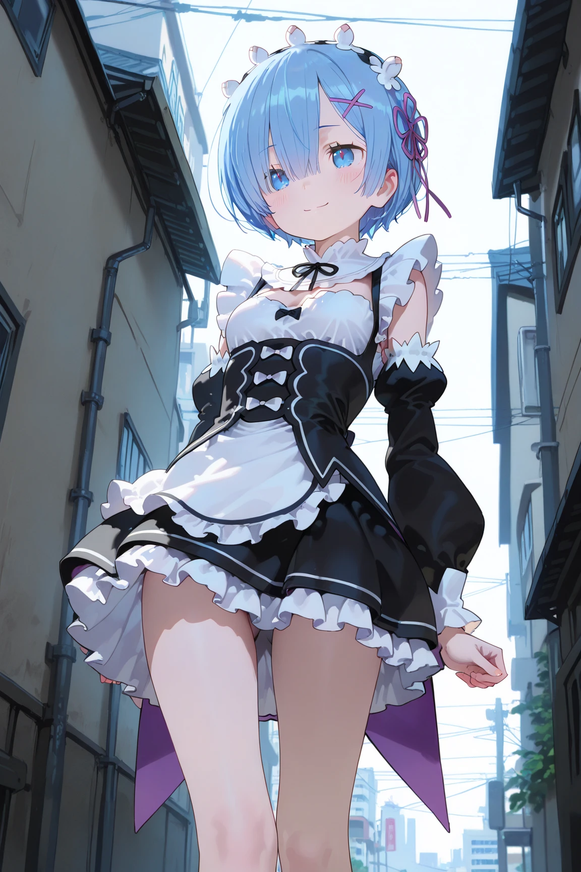 M-shaped legs、Maid clothes、、Lift up your skirt、M-shaped legs、、Showing panties、Blushing、I can see her panties、Pull up your skirt、Blushing、Blue Hair