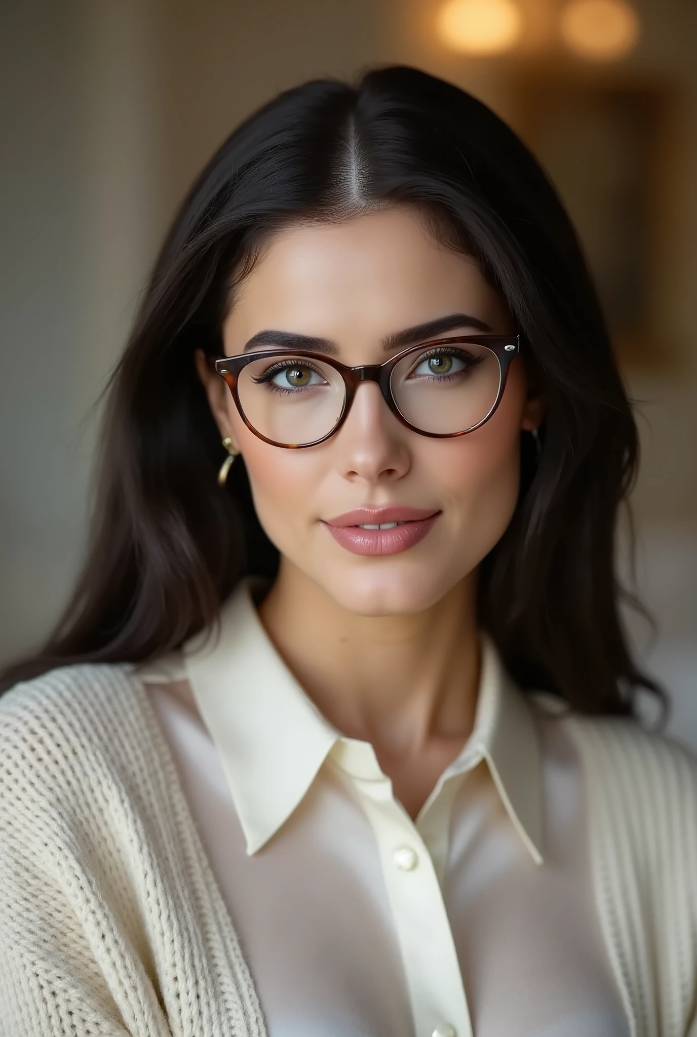 arafed woman wearing a collared satin blouse under a crewneck sweater, warm smile, gorgeous eyes, glasses