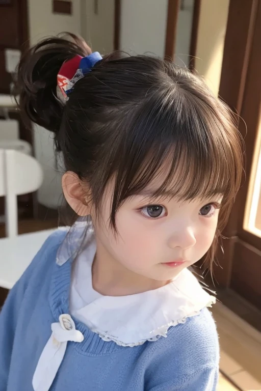 (A 12-year-old Japanese girl), cute face, (deeply carved face:0.7), (freckles:0.6), soft light,healthy white skin, shy, (serious face), thin, smile, uniform, ponytail