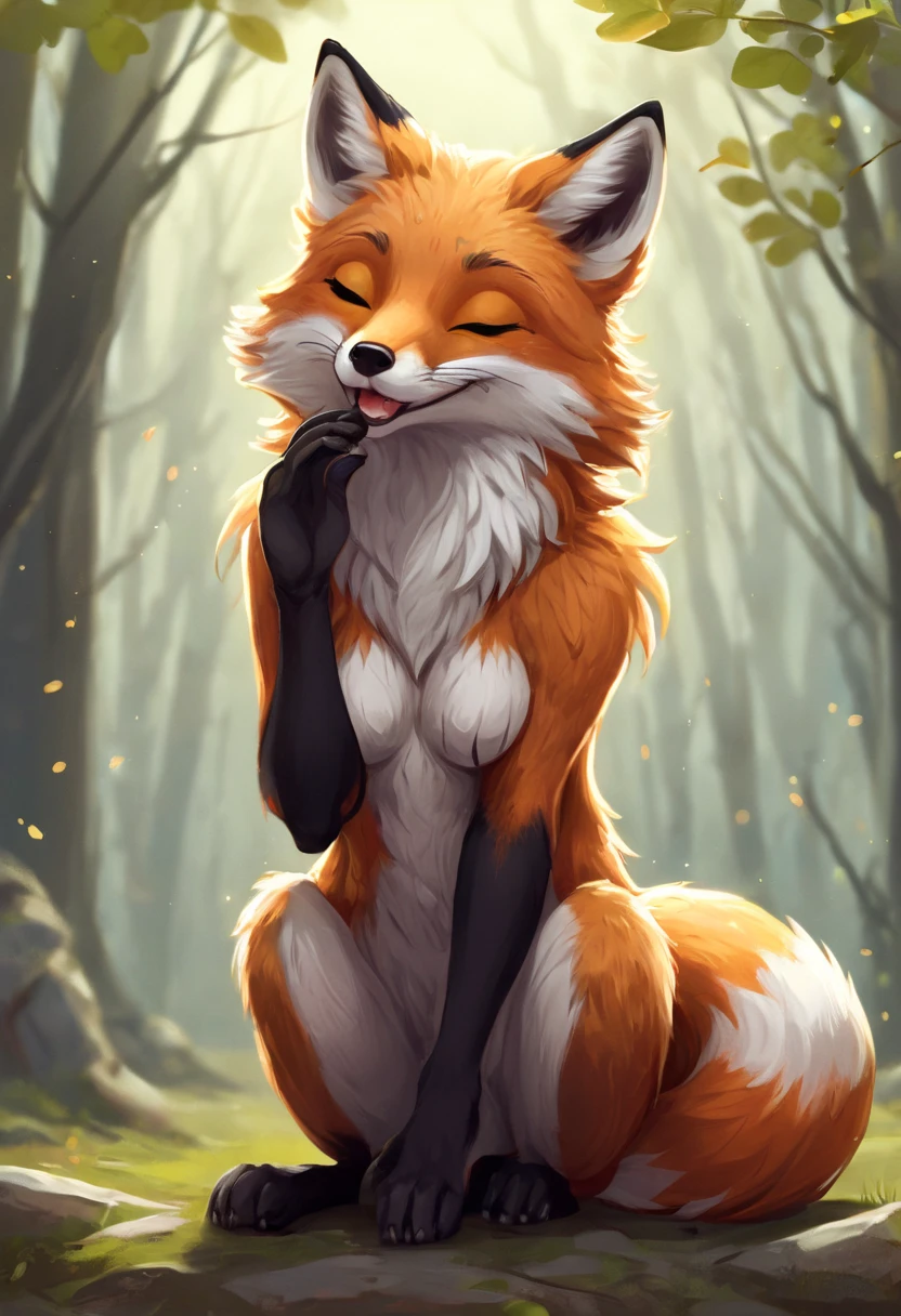 beautiful and detailed portrait of an anthropomorphic vixen ((female))), anthro, female, red fox, high definition, good anatomy, orange fur, orange body, simple background, legs together, highly detailed face, deep yellow iris, yellow eyes, short hair, arm tuft, leg tuft, black hair, white hair, multicolored hair, face markings, face fur patterns black, speech bubble, heart, hearts, night, moody lighting, full body, sexy body, slanky body, sexy face, nice, hot, cute, pawpads, one eye closed, wink, lying on back, on back, blue legwear, blushing, friendly smile, smile, friendly, leaf on chest, tree leaves, leaf sitting on top of chest