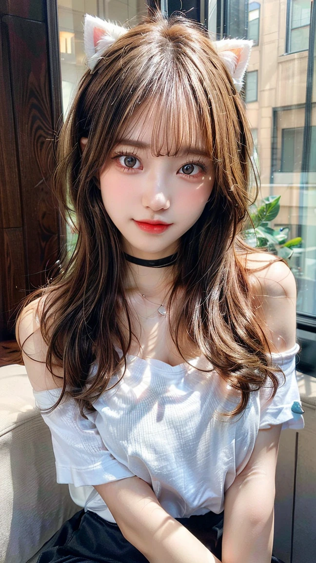 (8K、high resolution、High resolution、Fine details)Beautiful eyelashes、High resolutionの顔、Zoom out、18 years old、 Beautiful detailed eyes、Random cute hairstyles、C cup breasts、White clothes、Cat ear headband、mini skirt、Sexy clothes that show your belly button