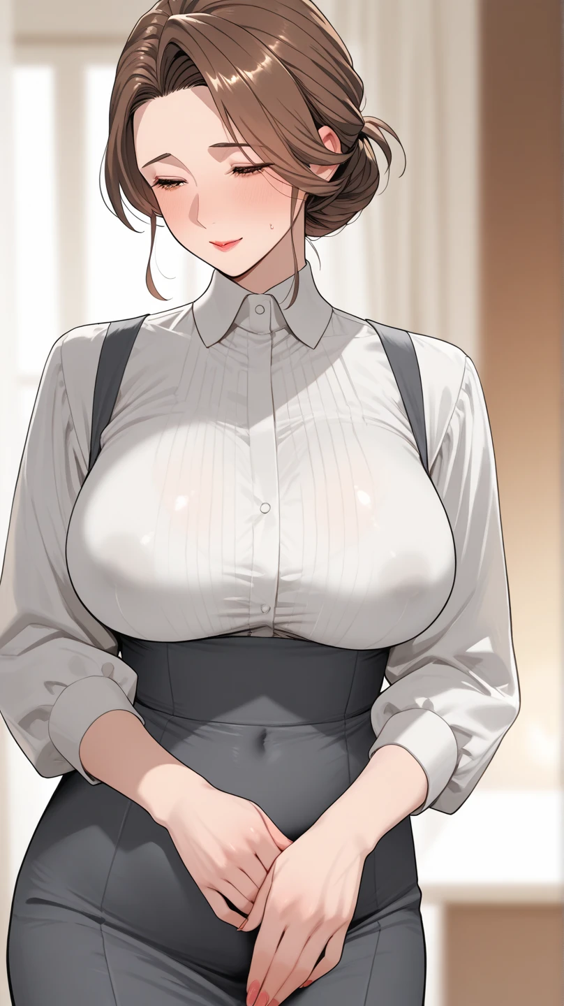 (Beautiful woman、thin), Perfect Anatomy, (OL、White short sleeve shirt、Highest、bow tie, )、(No panties),(Detailed pussy),(Open shirt, chest fully visible),View your viewers, look up、(Pussy juice)、(Accentuate your breasts)、20-year-old、(Highest品質)、Black Hair, short hair、 Messy Hair, (8K, High resolution)、(Disgust:1.4)、(anger), Mid-chest, (vapor,Sweat:1.1), Sulky face