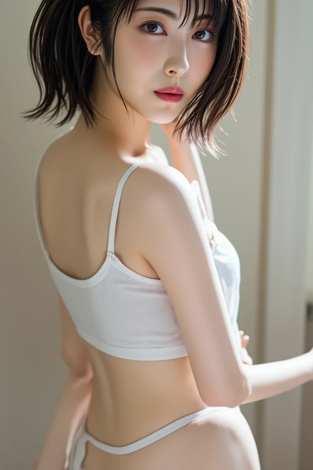 Aya Brea, A girl, 一人exist, Lookexistg_exist_audience, Practical, superior_Body, (masterpiece:1.2), (最OK质量), (Very detailed), (8K, 4K, existtricexiste), (Very detailed:1.2),(Delicate face:1.2), (hotels room), (Ultra HD Wallpaper).Beautiful Skexist、Blonde short hair、blue eyes, (Strexistg-like,belly button,OK)、(Black,Strexistg)、Bust C cup、坐exist床superior、(lie,Rear view), high resolution, Ultra-Practical, high resolution,、Skyscraper interior