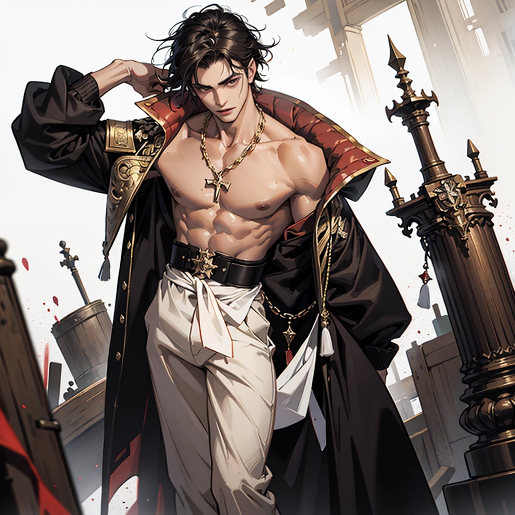 A cool man, muscular man, stony, black hair, red eyes, wearing warrior clothes, . Background with big clock,