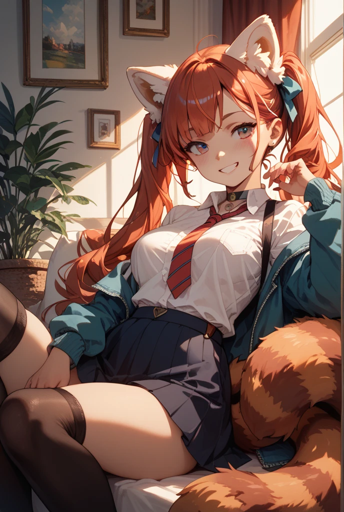 there is a woman with red hair wearing a tie and a white shirt, sexy pose, anime girl cosplay, beautiful,makima,(((no Watermarks))),(((no text))),wink smiling,wink,no pants,((masterpiece)),((best quality)),((ultra-detailed)),(8k),((wallpaper)),((extremely detailed cg)),(RAW photo:1.2),beautiful,big aureolas,mid breasts,sexy smile,lovely eyes,pink round nipples,sweat,shiny skin, shiny body,((winking)),makima\(chainsaw man\),chainsaw man\(makima\),red hair,yellow eyes whit Orange gradient,no Watermarks,no text,