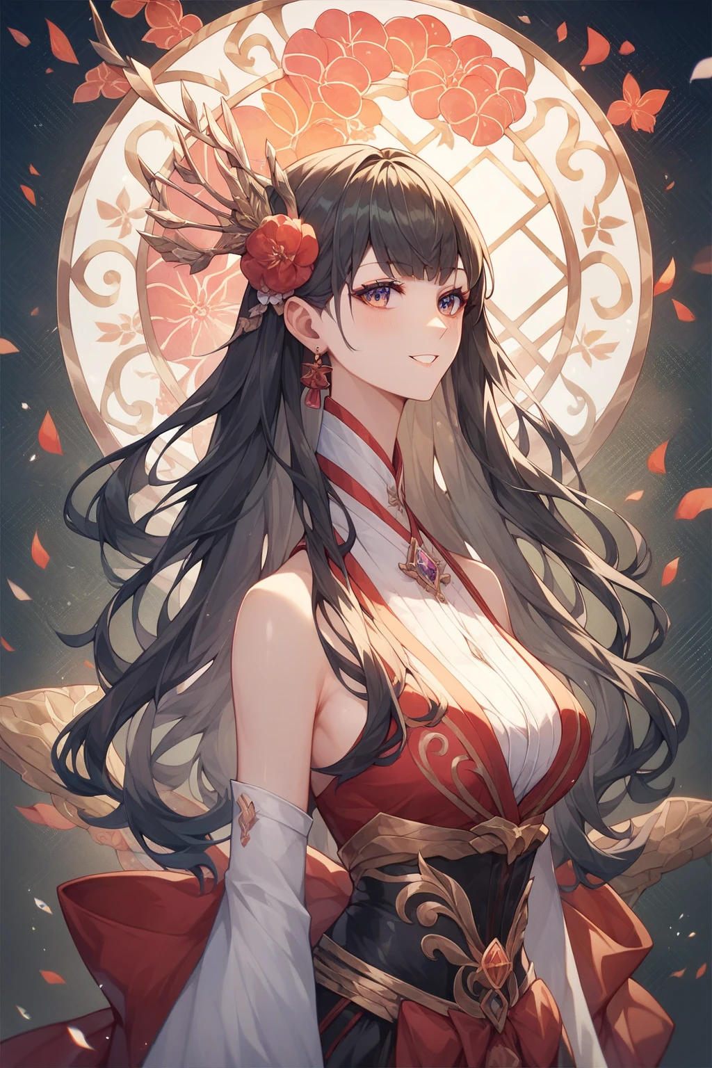 top-quality,Top image quality,(tmasterpiece:1.2),Atdan, 1 plump girl, Alone, Branch, blooming flower, jewely, a skirt, ear nipple ring, that tree, through bangs, Long gray hair, hair adornments, view the viewer, Chinese clothes, black hair color hair, hairflower, Brown hair, exposed bare shoulders, Very long hair, Wide sleeves, longer sleeves