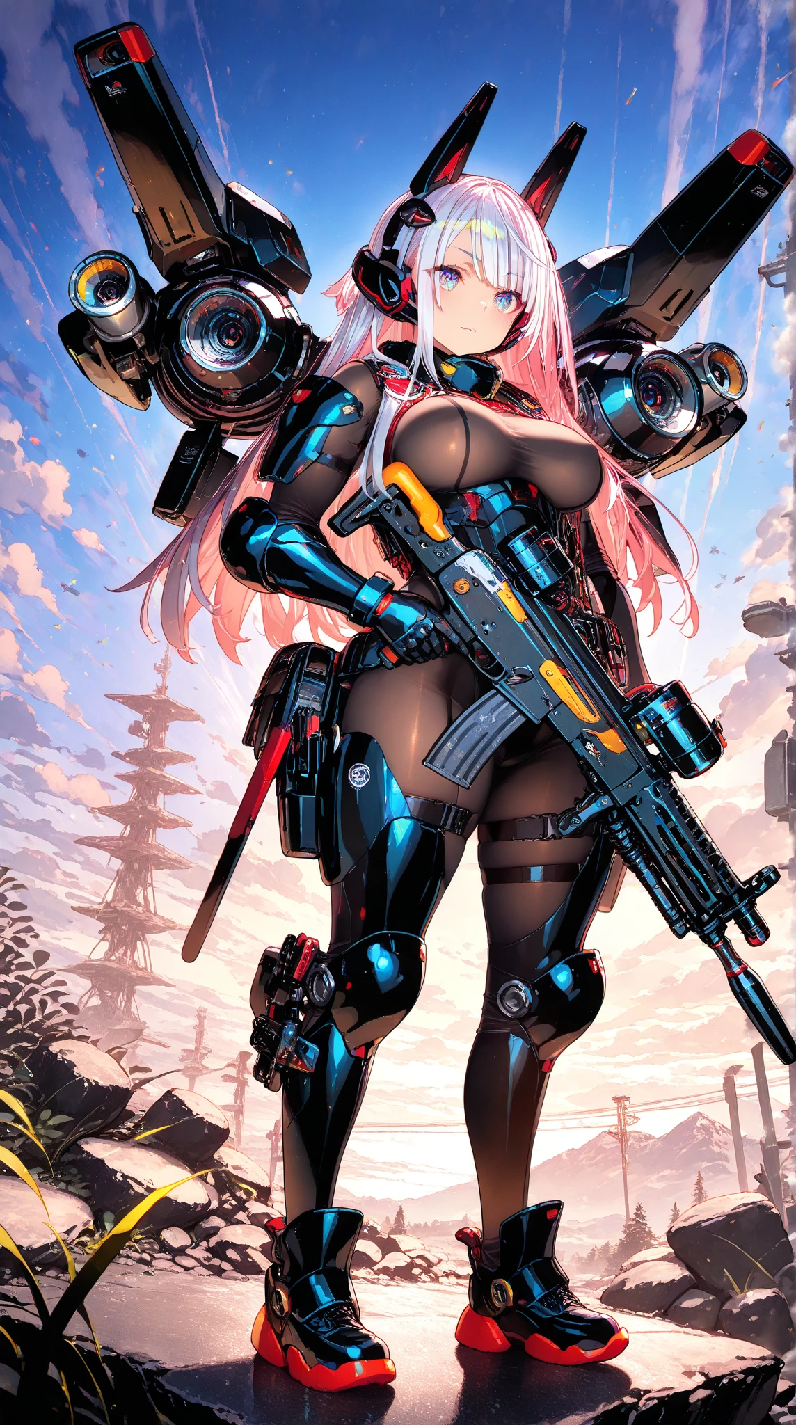 full body shot, High angle, best quality, extremely detailed, 8K, focus on background, dystopian society, helicopter, manga, anime, watercolor, steampunk, masterpiece, a beautiful woman, solo, single mechanical arm, energy weapons, robot suit, half-up, big eyes, beautiful pink eyes, long eyelashes, pensive, mesh, cool, looking at the camera, gold piercing,