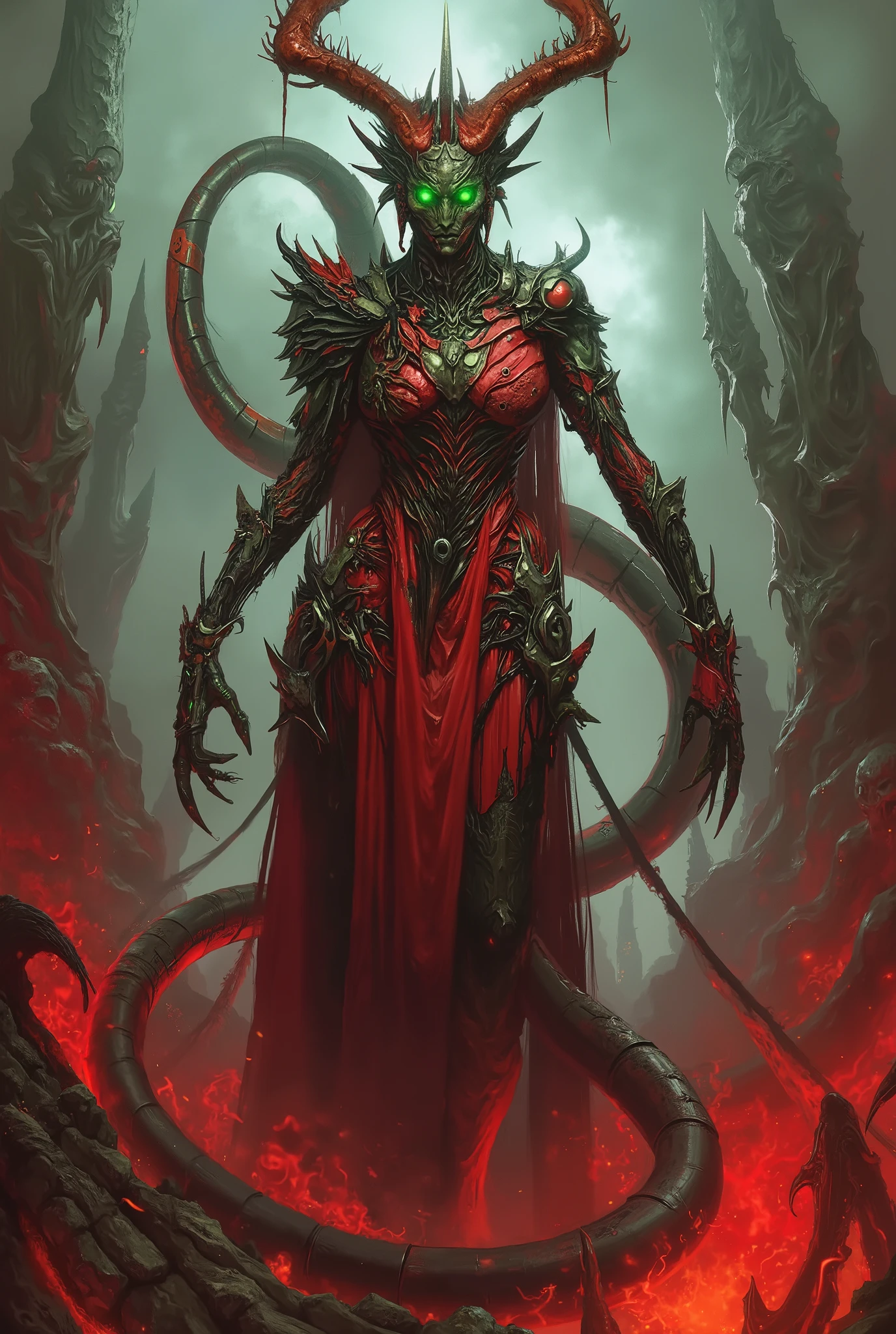 A terrifying and majestic female demon queen with a fully transformed biomechanical body — her form is covered in red and green chitinous armor, organic scales, and ridged tendrils, giving her a fusion of insectoid and reptilian elegance — glowing emerald eyes shine with otherworldly intelligence, and her head is crowned with armored ridges and spiked horn structures — her muscular tail coils behind her like a living whip, covered in segmented plates — her claws are long and bladed, her mouth filled with needle-like teeth — she stands in a blood-red volcanic hellscape, surrounded by bone-like spires and lava mist — the atmosphere is suffocating and apocalyptic — ultra-detailed dark sci-fi fantasy art, inspired by H.R. Giger, Zerg aesthetics, and demonic evolution