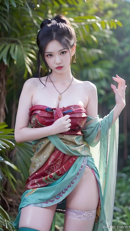 Sitting on the shore of a lake full of lotus flowers, feet playing in the water, oversized red carp in the air, the art depicts a charming woman with a melon face, wearing a flowing, silky traditional oriental dress, long, aqua blue, decorated with intricate patterns and bright colors. Her dress drapes elegantly over her curvy figure, accentuating her seductive silhouette. She sits gracefully by the tranquil lotus lake, her feet playing in the water, bathed in the soft glow of the moonlight. The scene exudes an ethereal and dreamy atmosphere, with a touch of mystery and sexiness. The graphic style blends watercolor and digital illustration techniques to evoke a refined beauty and charm. The lights are filled with soft moonlight, casting soft highlights and shadows on her charming features. Bare thighs, big breasts, three-dimensional facial features, sitting, upturned legs, side braids