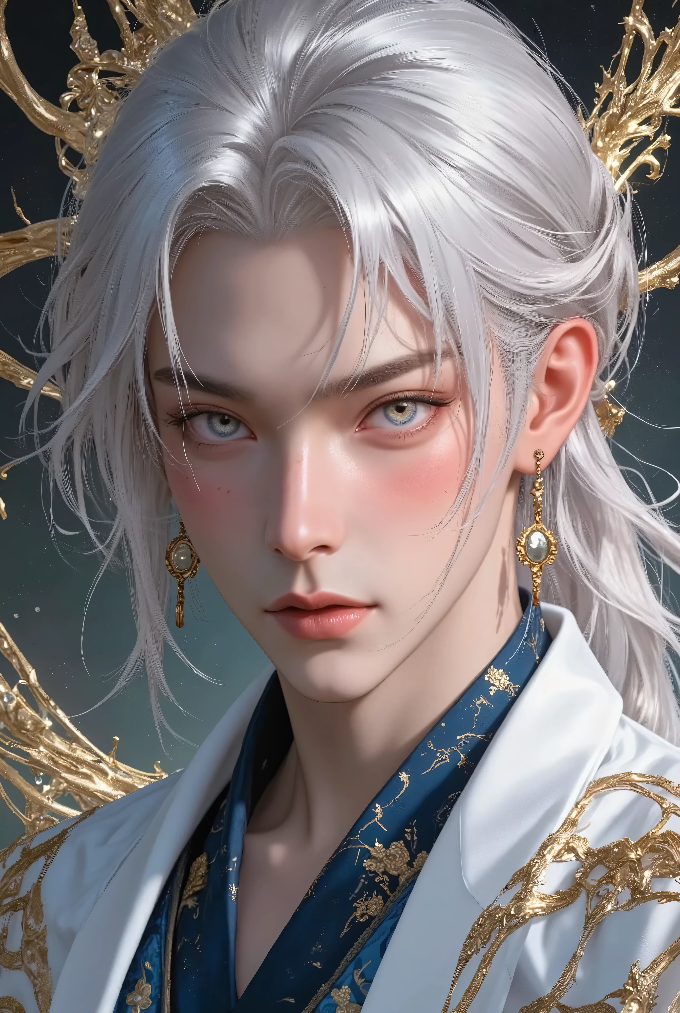 ((Top Quality, 8K, Masterpiece: 1.3)), Sharp Focus: 1.2, (Mature male, handsome, One Bangs Cover Right Eyes, Tied-Back hair, Medium hair, jfcut, Gold Prismatic Eyes, Flawless Eyes, ((Silver Hair)), freckles ,male focus, handsome man, thickly painted, semi-realistic art, semi-realistic art style, dragon Caligraphy Hanfu-Robe,
