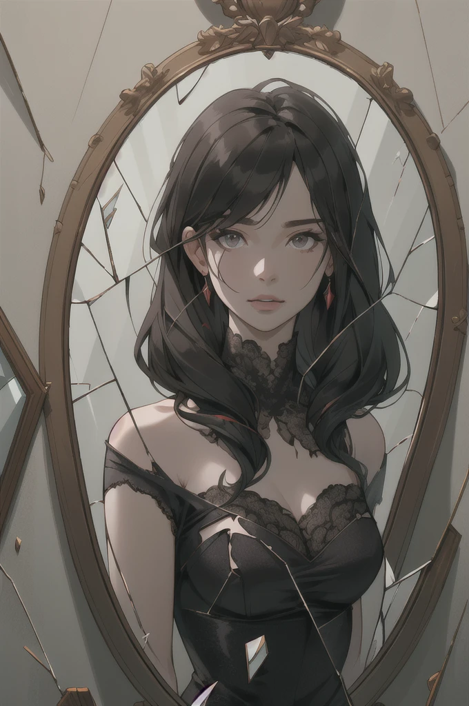((best quality)), ((masterpiece)), (detailed), Perfect face,A black-haired female killer with bruises all over her body,Observe the situation inside the room from outside the door