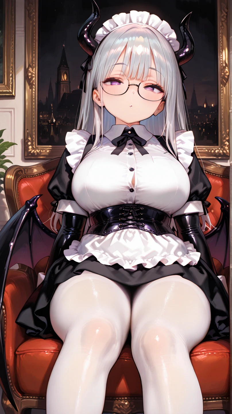 nsfw,anime screencap,official art, nsfw,sex with one man,blowjob,facial ,creampie,straddling on the man,1 woman, 2 men,black maid uniform,maid apron,black garter belt,black stockings,spread legs,boobs,large breasts,short of a person,pubic hair,big areola,plump body,pale skin,beautiful face,sharp eyes,angry,glare at,ponytail,lightgrey hair,orangered eyes,focusing,castle,ruins,glasses,anime style,high quality,masterpiece,(blowjob,hand job)