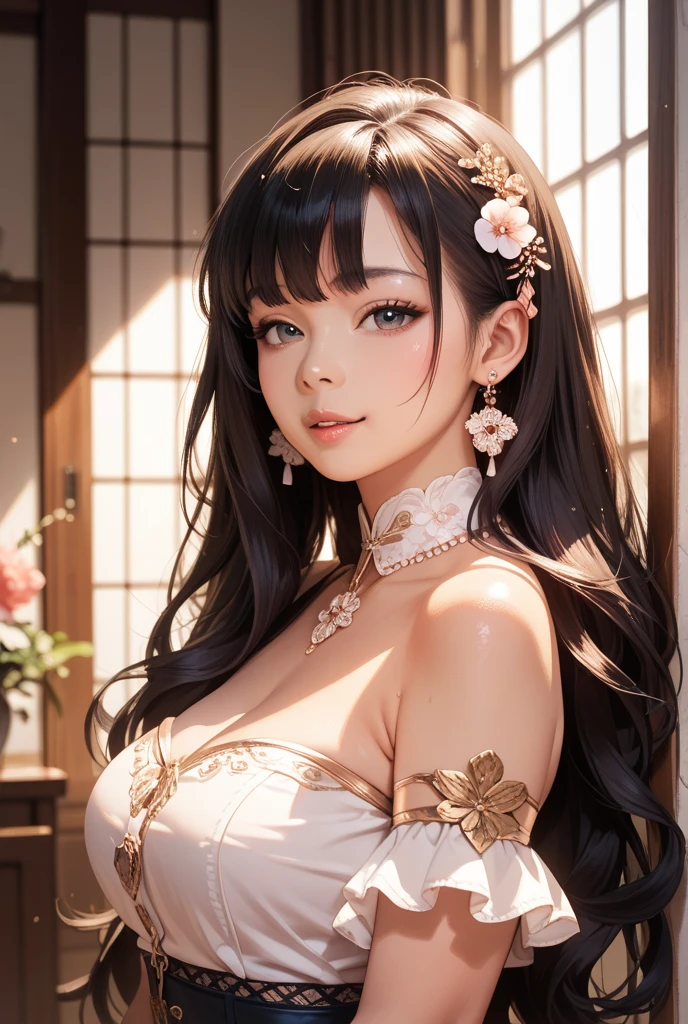 Highest quality, highest image quality, raw photos, realistic, photo-realistic, ultra-detailed and beautiful, Highest detailed, ung girl, good-looking, beautiful fair skin and glossy, beautiful Eyes are big and bright, Small mouth and thin lips, long black hair blowing in the wind, Good style and slender, (beautiful big breasts:1.3), She has a bright personality and a cute smile, Natural makeup, pearl pink lips, (A fantasy See-through costume with cute details and an open chest wide:1.3), cute girl portrait, A beautiful girl illuminated by seven colors of light, Rainbow-colored,