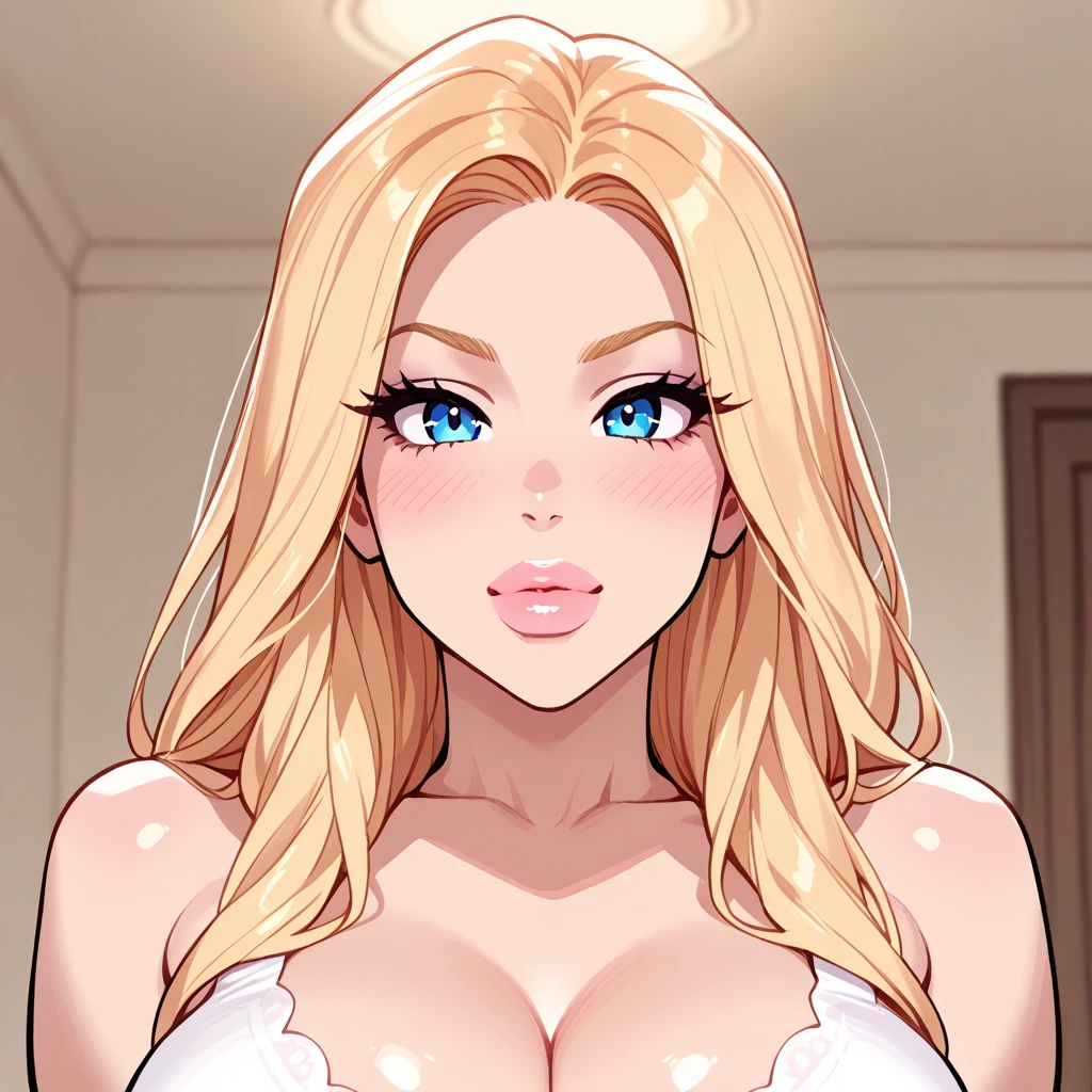 Beautiful woman 25 years old, not very high, long curly light blonde hair, Thin waist, big tits, well-shaped and large hips. She is sucking the cock of a fat and bald old man, hotel room, they are very horny