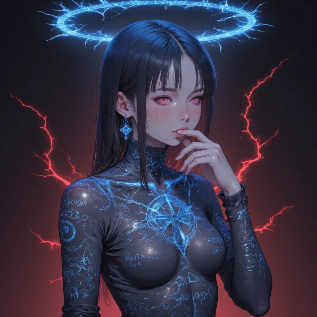(watercolor, ghibli studio style, chinese girl), solo, ,,,,A dark and intense anime-style portrait of a mysterious character covered in glowing blue runes and inscriptions. The figure, with long black hair streaked with red, has piercing magenta eyes and is holding a finger to their lips in a "shh" gesture, creating a sense of silence and secrecy. Neon blue glowing text and symbols cover their body, arms, and face, contrasted against the black and red shadows surrounding them. An ethereal, electric-blue halo arcs around the top of their head, distorted and crackling with energy. Red glowing tendrils or cracks spread from their body into the background, enhancing the supernatural and dangerous aura. The color palette features high contrast between neon cyan, deep crimson, and dark shadows, emphasizing the character's arcane and forbidden power.