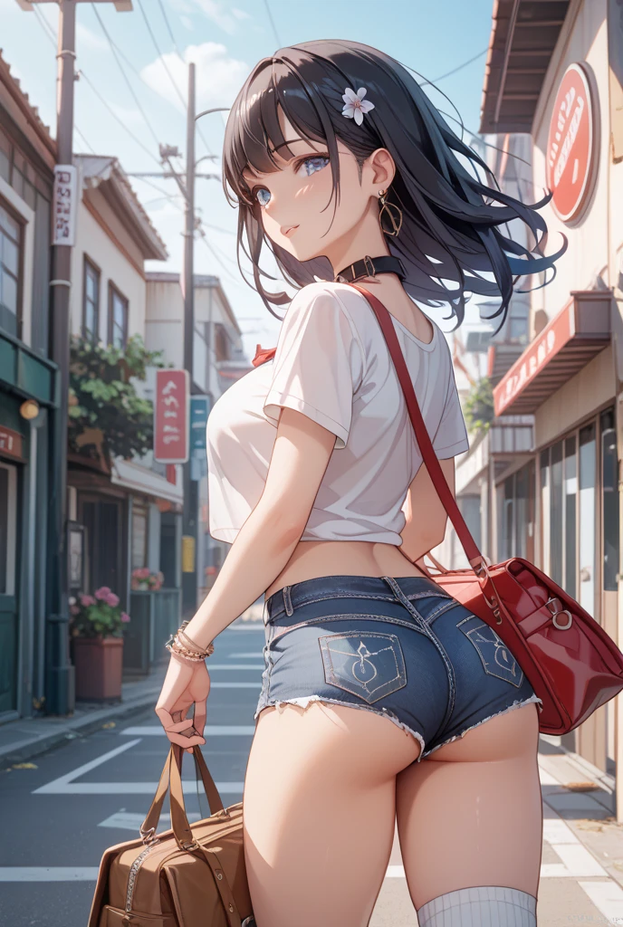 1girl, black hair, light glowing purpleeyes, wearing white sexy shirt, denim shorts, city, absurdres, high res, ultrasharp, 8K, masterpiece, looking at viewer from behind