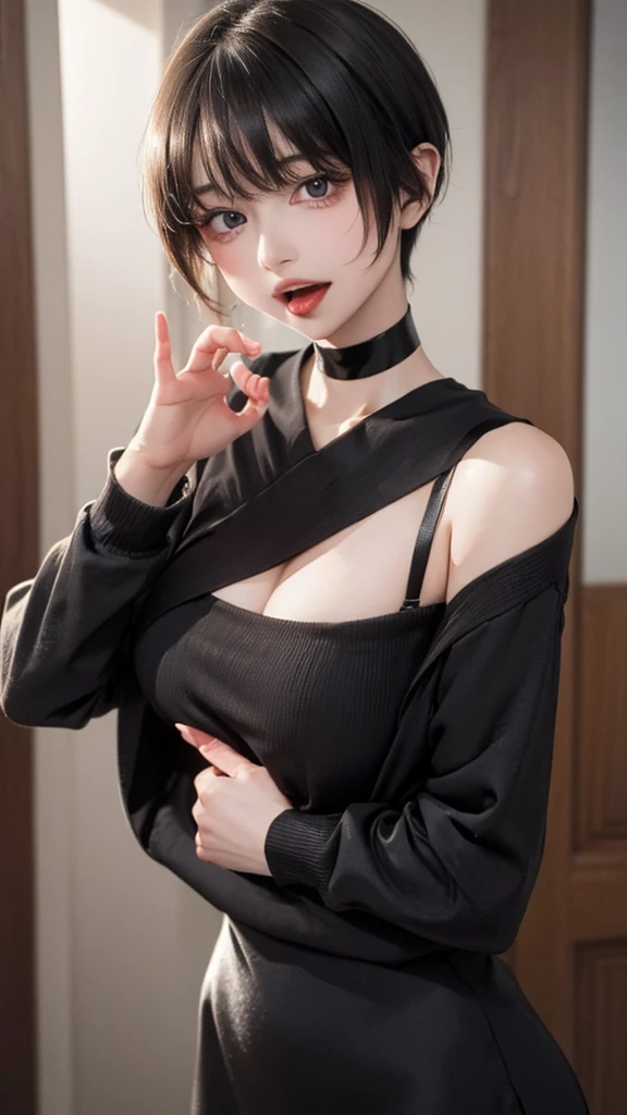 Cute girl, green skin, short green hair, hair tie, black clothes, medium body, full black robe, Big breasts, short skirt