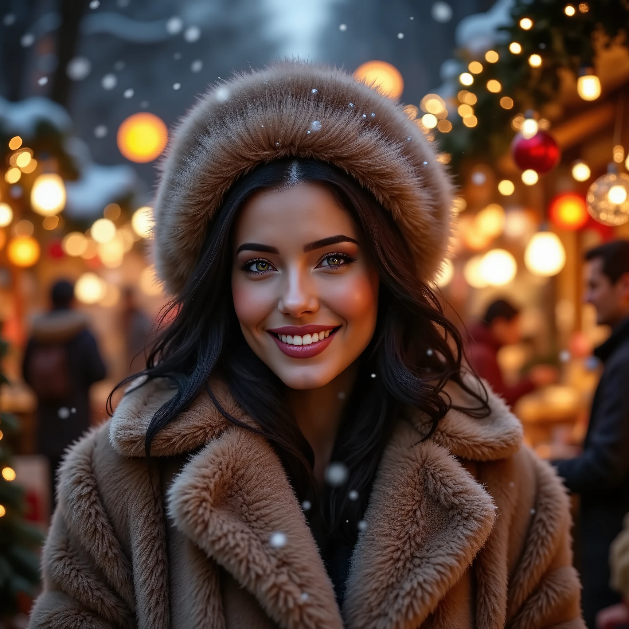 woman wearing a fur coat and a fur hat, smiling, happy attitude, outside, christmas fair with lot's of decorations and christmas lights in the background, heavy snowing,