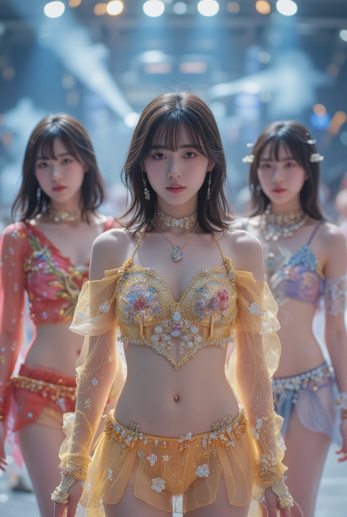 absurdres, RAW photo, extremely delicate and beautiful, masterpiece, Best Quality, ultra high resolution, 16k, hyperrealistic, ultra-detailed, Very detailed CG 8k wallpaper, Beautiful Lighting, Perfect Lightning, Realistic Shadows, perfect anatomy, super Detailed skin, perfect figure, Japanese woman, late 20s, very Slim body, narrow waist, very small head, handsome detailed woman, very detailed eyes and face, realistic face proportions, Stunning detailed eyes, Realistic beautiful face, very small face, Realistic small beautiful eyes, double eyelids, makeup, tearful mole, mole on chest, earring, bare legs, beautiful and very thin legs, beautiful and very thin thighs, (((very huge round breasts))), ((full body shot)), ((short hair)), wavy hair, (((belly dance clothes))), midriff peek, ((sleeveless)), (((yuri))), ((((3 girls)))), (harem), colorful