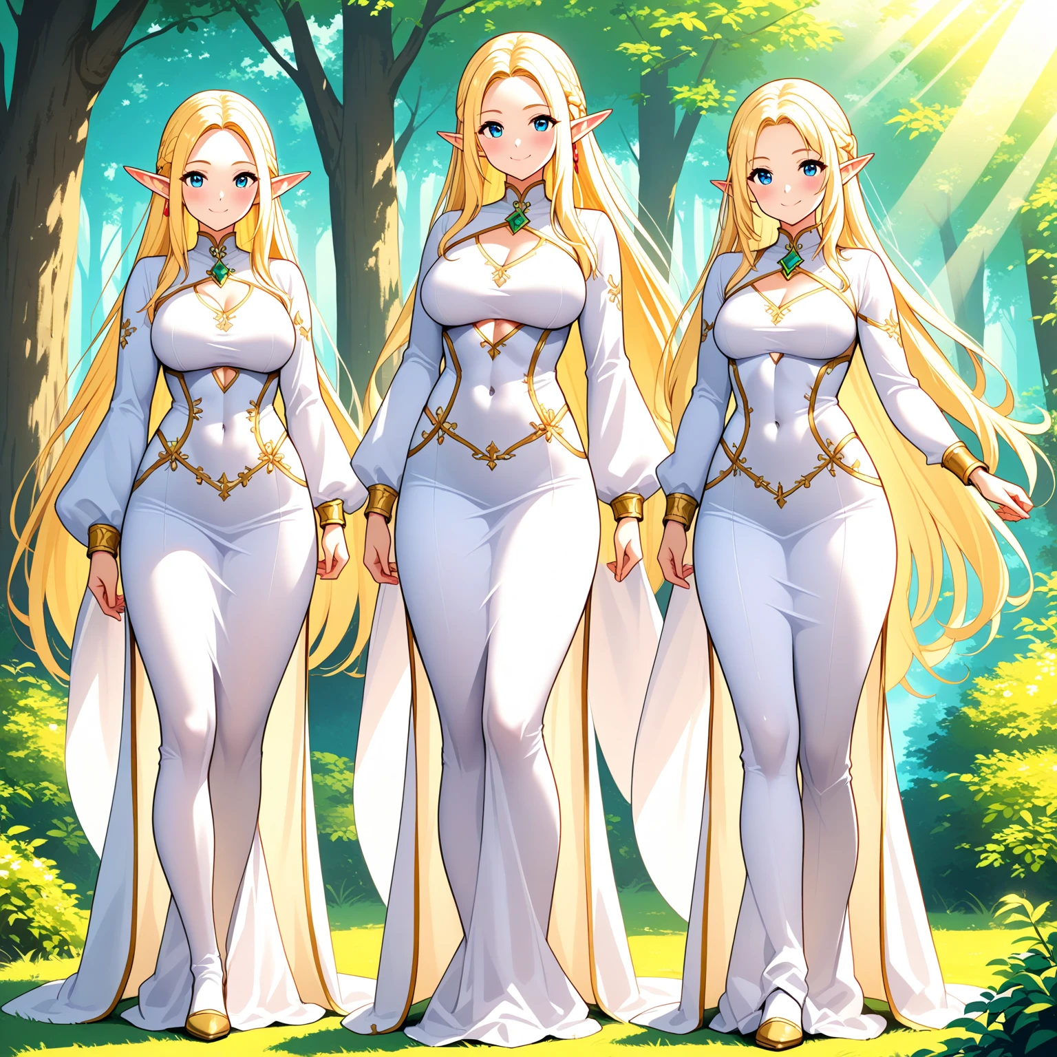 (masterpiece, best quality), (full body:1.6), standing (small fighting elven 1girl:1.6),(magical),(cute,adorable:1.3),blonde hair, green eyes, medium breast, beautiful, detailed, enchanted breastplate with precious gemstones, white thigh-high greaves, seductive pose, in a forest, magic flora, detailed face and eyes, volumetric light,(ultra quality skin:1.7),