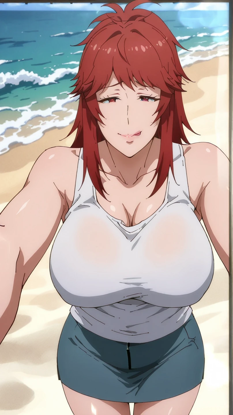 masterpiece, high resolution, best quality, beautiful art, well formed hands and fingers, 1 woman, solo, Akane Hiyama, mature woman, big breasted, cleavage, wearing a Tyris Flare outfit, sexy and skimpy bikini, full body, beautiful eyelashes, alluring figure, sexy hips, thighs and legs, ryona, in peril, defeated, unconscious, closed eyes, laying down on the sand, passed out, exhausted, sweating, exposed full body, , sexy defeated pose, torn bikini, sexy angles of her defeated pose, sexy smirk on her face, bouncing breasts,  beach background 