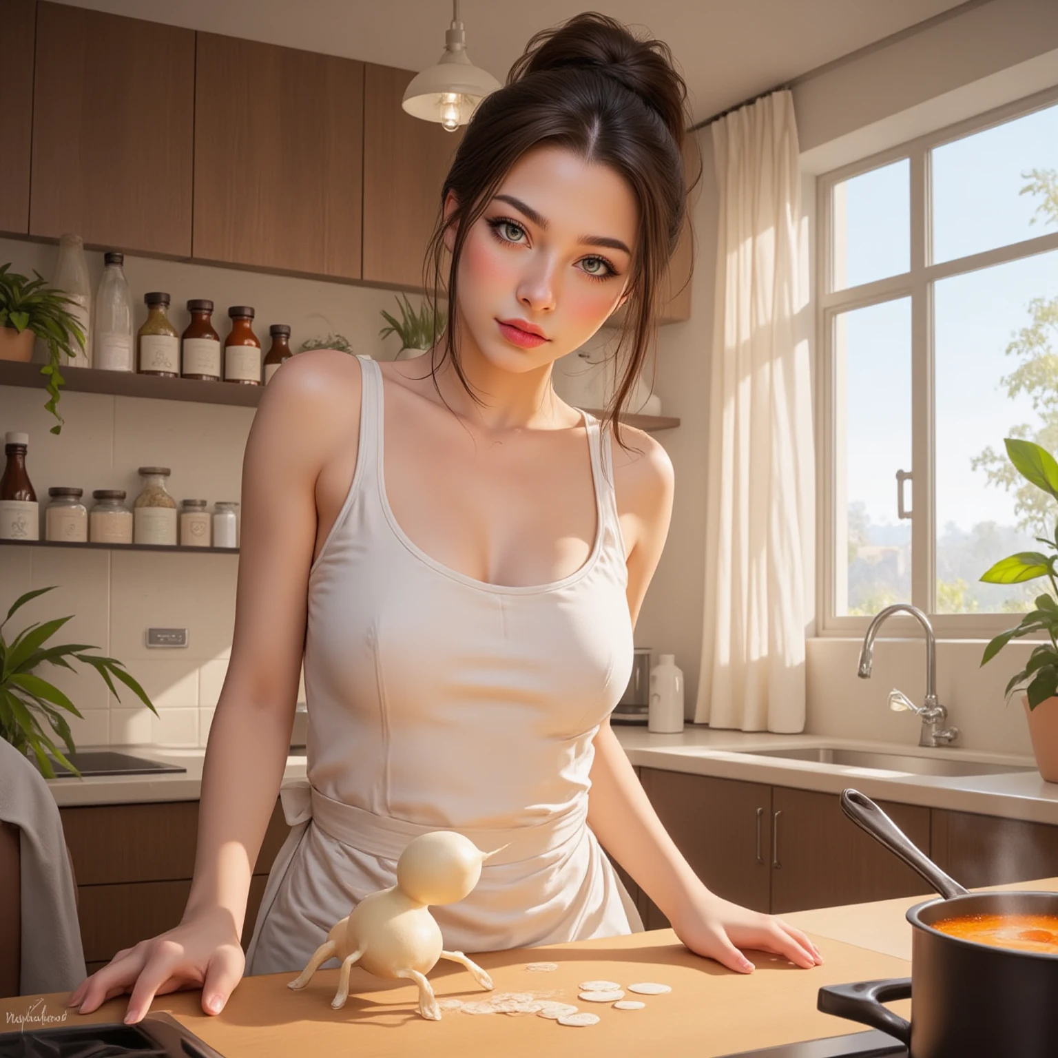 Mulher, jovem, mulata, europeia, na cozinha, with pastry utensils, um bolo em cima da bancada