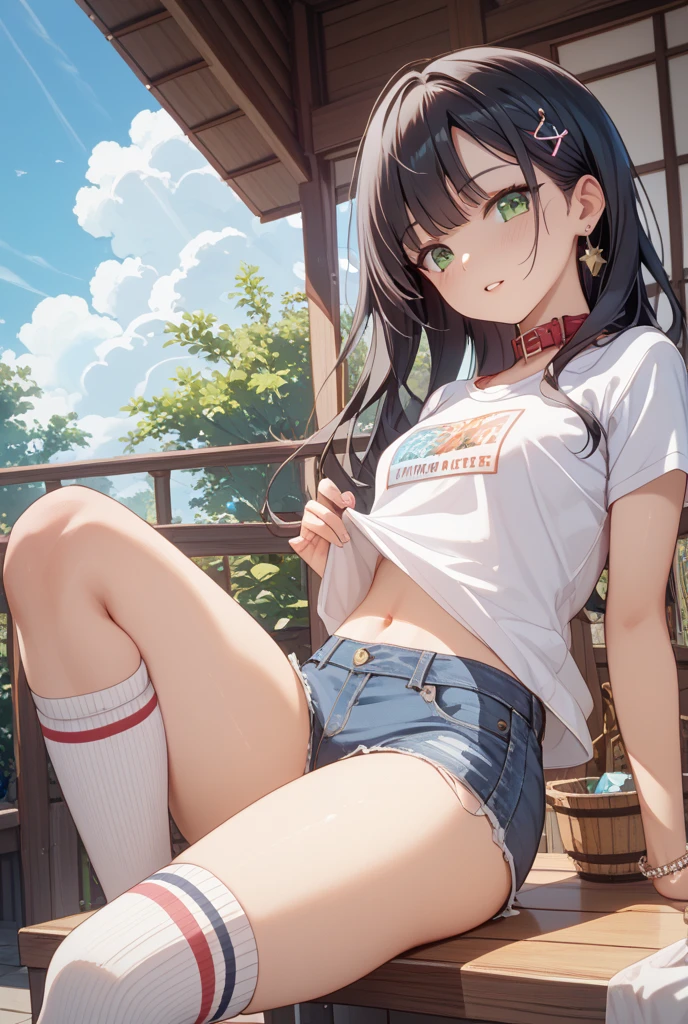 (8K, Live shooting, best quality, muste piece: 1.2), High-definition RAW color photo, Professional photography, cinematic light, ((1 girl)), focus on butt, (Low - Angle:1.2), super cute face, (black long hair), smile, Gorgeous body, glossy lips, slender body, big breasts, small butt, ((T-shirt, denim shorts, )), with your back turned:1.5, Are standing:1.2, Turn around pose, natural makeup, long eyelashes, shiny hair, asymmetrical bangs, tanned skin, pretty face, beautiful detailed eyes, beautiful body, beautiful chest, beautiful thighs, beautiful legs, (((clean fingers, 5 fingers on hand, five fingers))), (((flower garden, garden))), central image, high resolution, high detail, detailed hairstyle, detailed face, epic movie lighting, lively, hyper real, perfect limbs, perfect anatomy, anatomically correct,