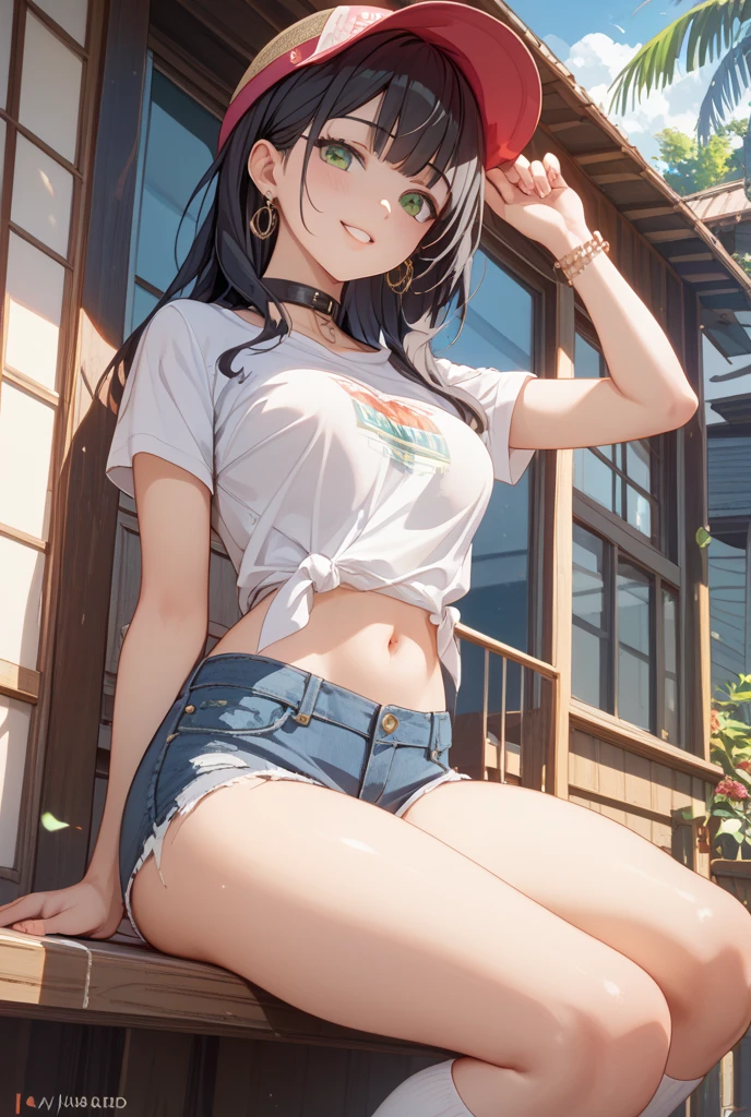 (Official art、Best Quality、Unity 8k Wallpapers、32K、masterpiece、ultra-detailliert、超A high resolution、realisitic、Photorealsitic:1.2)、(Cinematic lighting:1.2)、Fireglow effect、The grainiest shadow of the film、Rim lighting、side lights、sideshot、(ultra-detailliertで複雑な3Dレンダリング)、Detailed beautiful face and eyes、A slender、Medium bust、(Full body:1.2)、 Highly detailed background、beauitful face、blurry backround、16-year-old beautiful girl、(ultra-detailliertなスキン、detailed skin textures:1.3)、A dark-haired、Hip Hop Cable、(thighs thighs thighs thighs:0.8)、Knitted sandals、(((Sea sand beach)))、Smile with open mouth、(Satin Narico),Blue eyes,((White T-shirt with exposed belly button,Blue shorts))