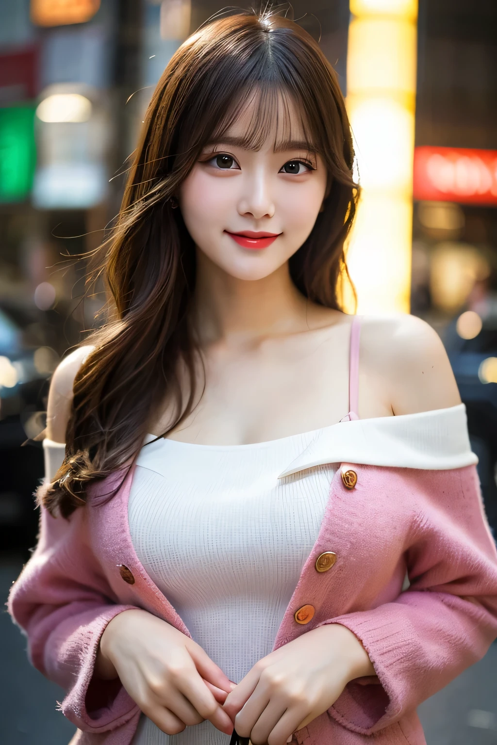 Ultra high-definition images，　1girl in,  White coat, Beautiful breasts，buttoning, coat, hight resolution, Large breasts, Long hair, Looking at Viewer, Well-formed face，partially unbuttoned,  scarf, Shirt, short eyebrows, Smile, Solo, Street, Upper body, Pink shirt, I&#39;m shooting from below，