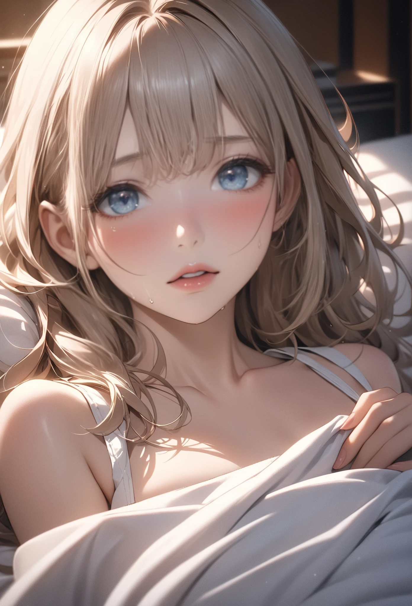Best Quality,High resolution,8K,finelity detailed background,Masterpiece:1.2),beautiful girl,Shiny khaki hair,asymmetrical hair,Khaki Eyes,Gentle look,A refreshing look,Best quality,Best Quality,Aesthetic and aesthetic:1.2,Best details((Super detailed))(High-definition CG illustrations),Grey underwear (gray,intricate lace),Slender body,morning,morning日,Bedroom,On the bed,smile,blush,cute,Scrounge,Looking up,Being spoiled,super model,wariza,shoot from below