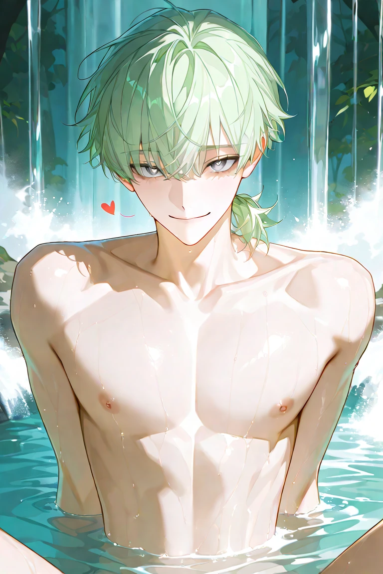 (hyper-realistic digital illustration), hires, best quality, wearing small thong, full mast, erect bulge, erect bulge, visible through thong , underwater world, wide angle, swimming, athletic body, male, iridescent skin, flat chest, perfect eyes, messy green hair , bio-luminescent