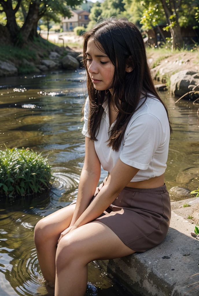 A crying cat with tears streaming down its face, sitting under a large tree near a lake
