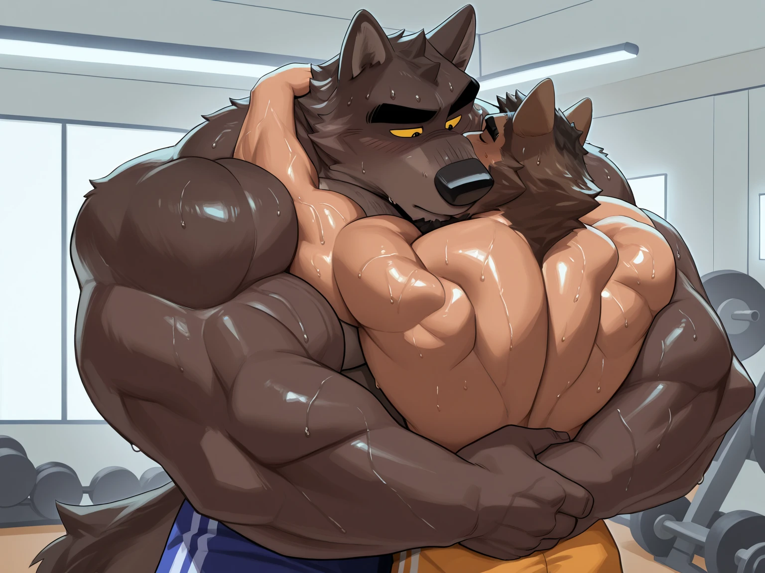 an anthro fox giving muscle worship to a bodybuilder anthro wolf. 4k, high resolution, best quality, perfect colors, perfect shadows, perfect lighting, posted on e621, two characters, furry body, male, adult, masculine, bare torso, correct anatomy, (photorealistic fur, detailed fur, epic, masterpiece:1.2), (detailed gym background, sexy lighting), sexy shadows, (by Taran Fiddler, by BGN, by Chunie, Bonifasko lighting), (tight underwear:1.2), sweat, sexy, muscle worship, body contact