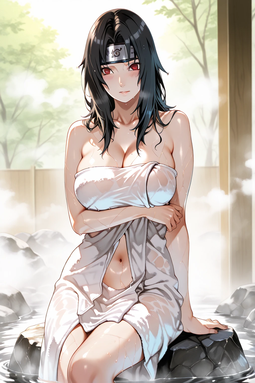((1 woman with a towel wrapped around her body)),((wet)),((huge breasts)),((eyes closed, sleeping, lying on the floor with legs closed, arms drawn to her head, in a forest) ),((very large pubic hair)),((wet black hair)),((facing the viewer, in a forest)),