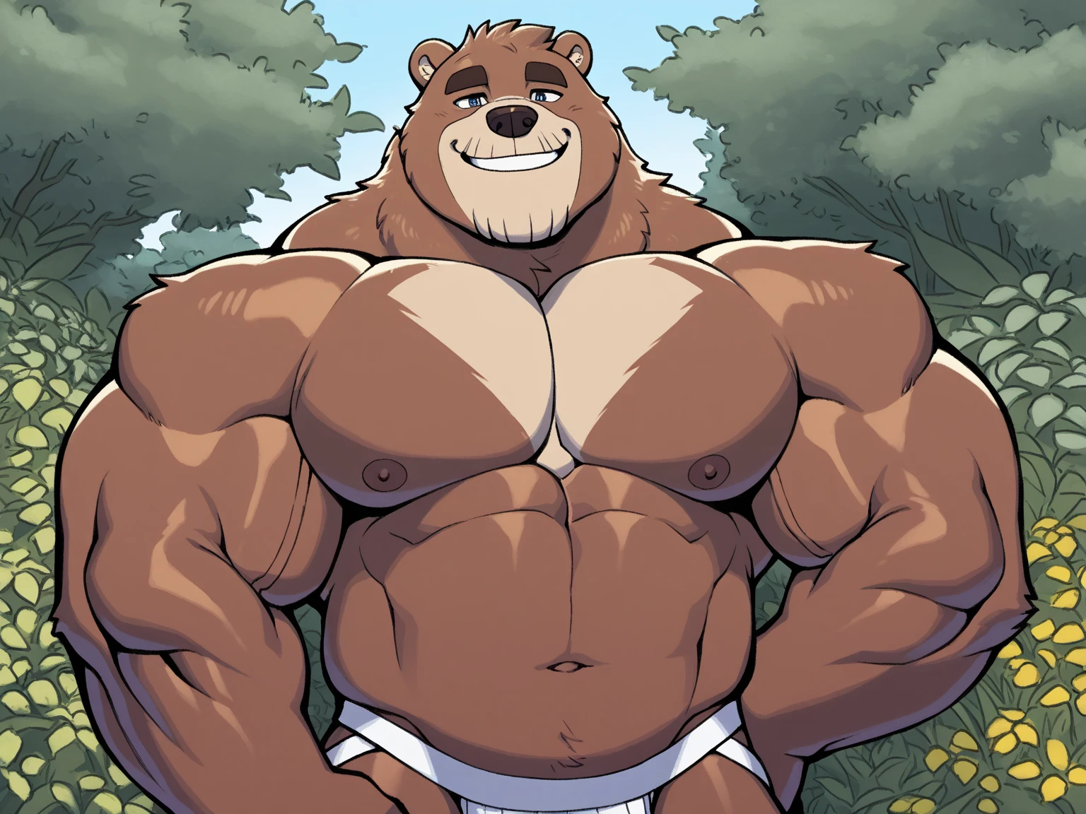 (masterpiece, 4K, ultra detailed), bear furry, brown fur, beige belly fur, top hat, bowtie, masculine, single, smooth lining, simple coloring, noon, outside, teenage, muscular, eight-pack, lean, naked, cartoony, anime, blue anime eyes, penis