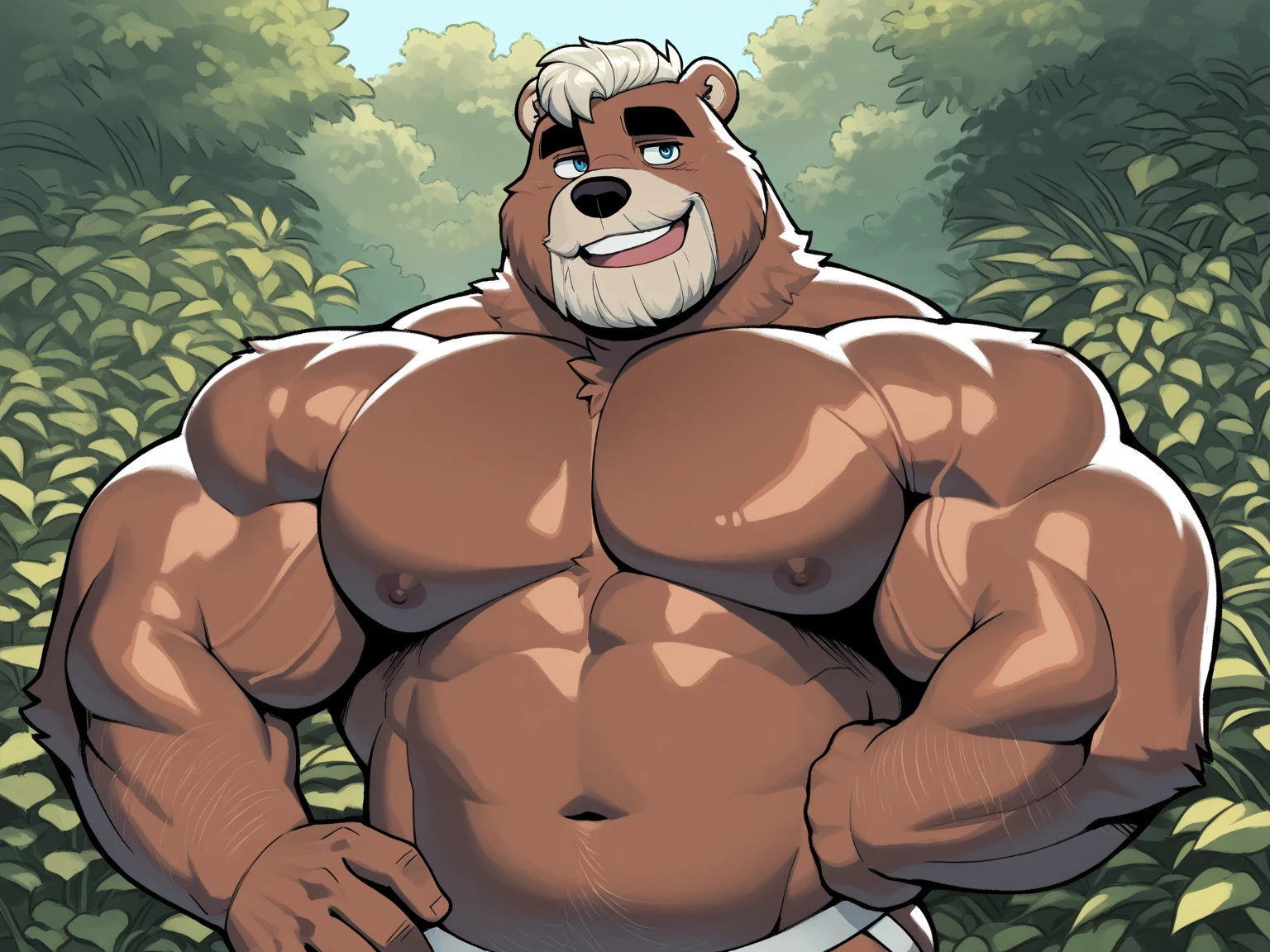 solo, 1boy, Huge Muscular Old Grizzly Bear wearing glasses, correct anatomy, steroid, pectoral, huge pectoral, wide pectoral, short white hair, black competitive briefs, speedo, bearded, Mustache, bodybuilding competition stafe background, masterpiece, high detailed, 8k, high resolution, at the stage, flexing off for the audience
