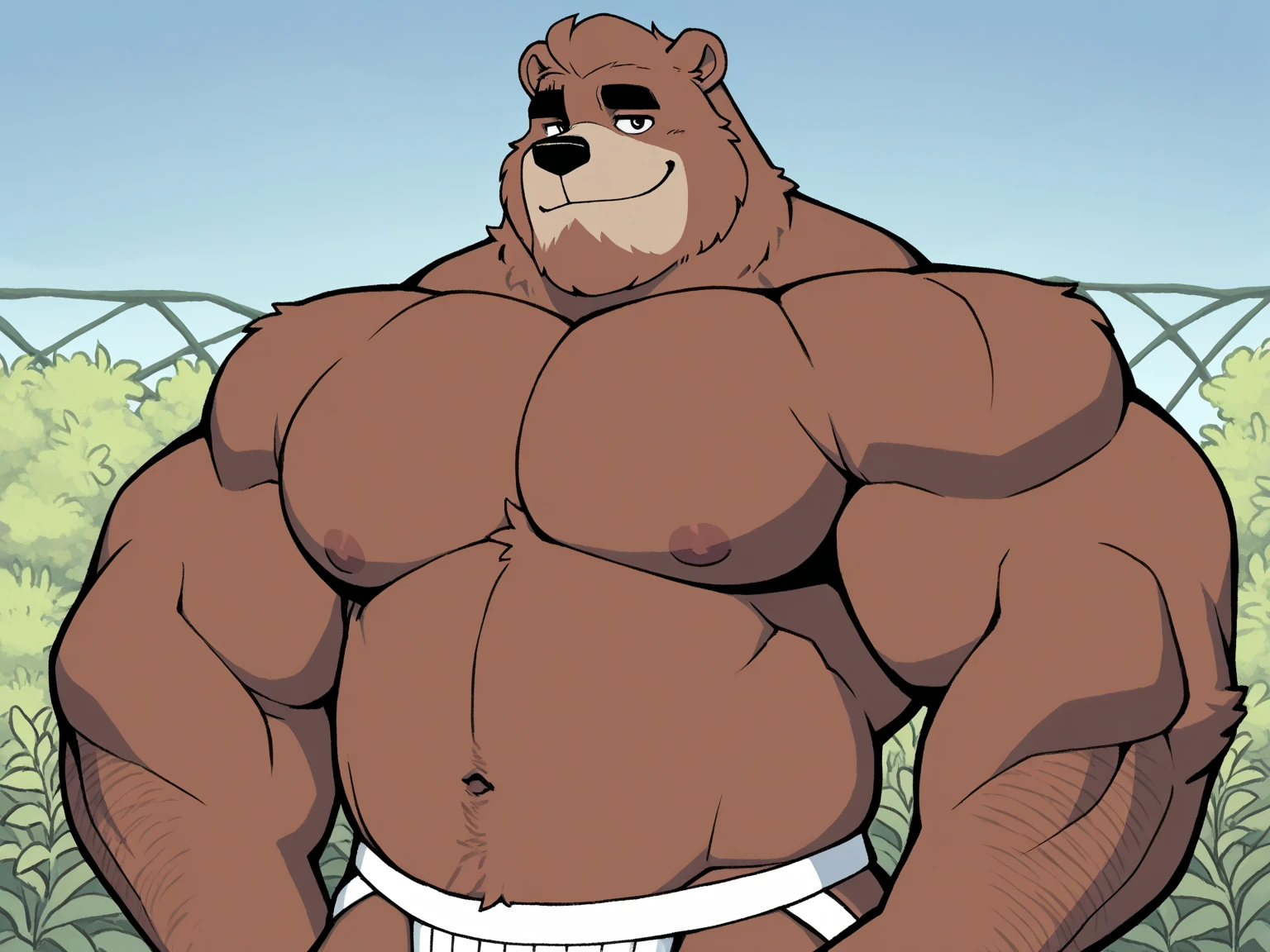 ((best quality)), ((masterpiece)), (detailed), perfect face, Bara Furry, Anthropomorphic bear, Dilf, Daddy, muscular, big pecs, broad shoulders, big biceps, thick thighs, huge ???, bubble ????, hairy ???, wearing jockstrap, big bulge, wearing wife beater shirt, arms crossed across ?????, outside home, Georgian style home, Suburban Cul-de-sac, location based on Kennebunkport, Maine, location based on Wells, Maine, dynamic lighting, perfect shading, soft shading, soft colors, vivid colors, pastel colors 