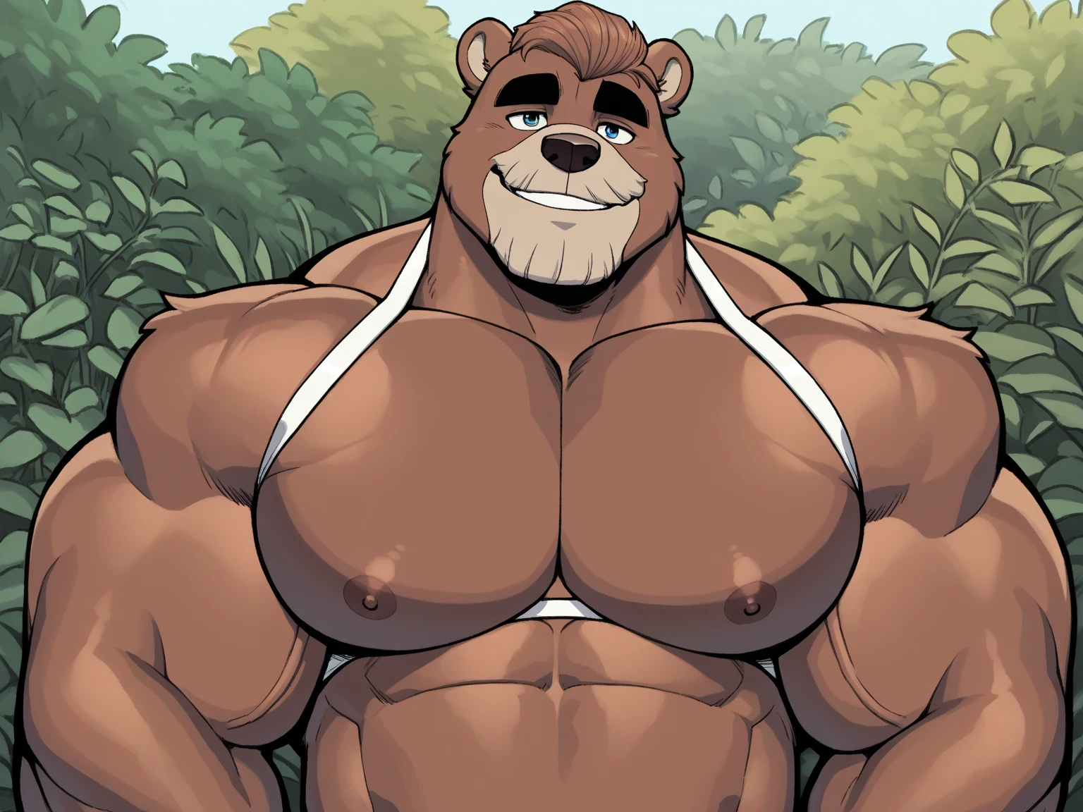 (masterpiece, 4K, ultra detailed), a bear furry, single, masculine, dark brown fur, beige belly, smooth lining, short hair, outside, shirtless, teacher, sexy, naked, cartoony, athlete, anime, penis, blue anime eyes