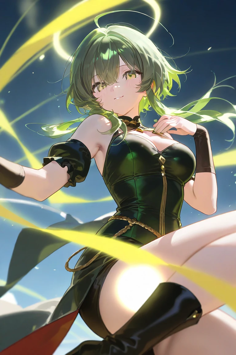Cute girl, short green hair, blue eyes, cat ears, gold bracelet, lightning sign in her hand, above a black cloud, big breasts, exposed belly