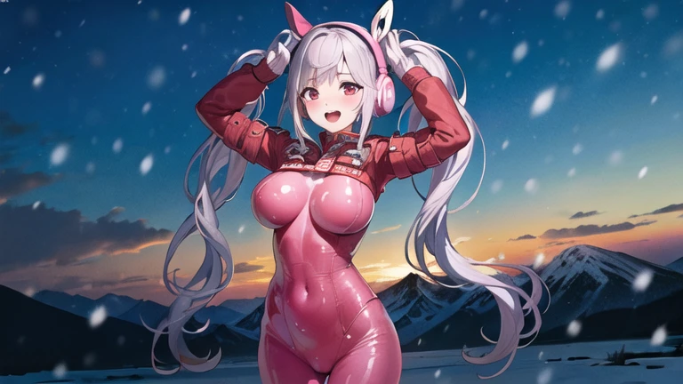 (RAW photo, best quality, masterpiece:1.2), (realistic, photo-realistic:1.4),(masterpiece:1.4),(best quality:1.4),1girl, solo, :d, animal ear headphones, animal ears, arms up, bangs, blush, bodysuit, breasts, bunny pose, clothes writing, covered navel, cowboy shot, cropped jacket, fake animal ears, gloves, outdoor,morning,snow, hair intakes, headphones, impossible bodysuit, impossible clothes, jacket, large breasts, latex, latex bodysuit, long hair, long sleeves, looking at viewer, large breasts, multicolored gloves, open mouth, pink bodysuit, pink eyes, red eyes, red jacket, shiny clothes, shrug \(clothing\), sidelocks, skin tight, smile, thigh gap, thighs, twintails, very long hair, white gloves, white hair,alice \(nikke\),(shiny skin),realistic,