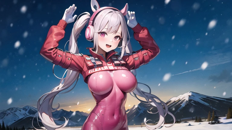 (RAW photo, best quality, masterpiece:1.2), (realistic, photo-realistic:1.4),(masterpiece:1.4),(best quality:1.4),1girl, solo, :d, animal ear headphones, animal ears, arms up, bangs, blush, bodysuit, breasts, bunny pose, clothes writing, covered navel, cowboy shot, cropped jacket, fake animal ears, gloves, outdoor,morning,snow, hair intakes, headphones, impossible bodysuit, impossible clothes, jacket, large breasts, latex, latex bodysuit, long hair, long sleeves, looking at viewer, large breasts, multicolored gloves, open mouth, pink bodysuit, pink eyes, red eyes, red jacket, shiny clothes, shrug \(clothing\), sidelocks, skin tight, smile, thigh gap, thighs, twintails, very long hair, white gloves, white hair,alice \(nikke\),(shiny skin),realistic,