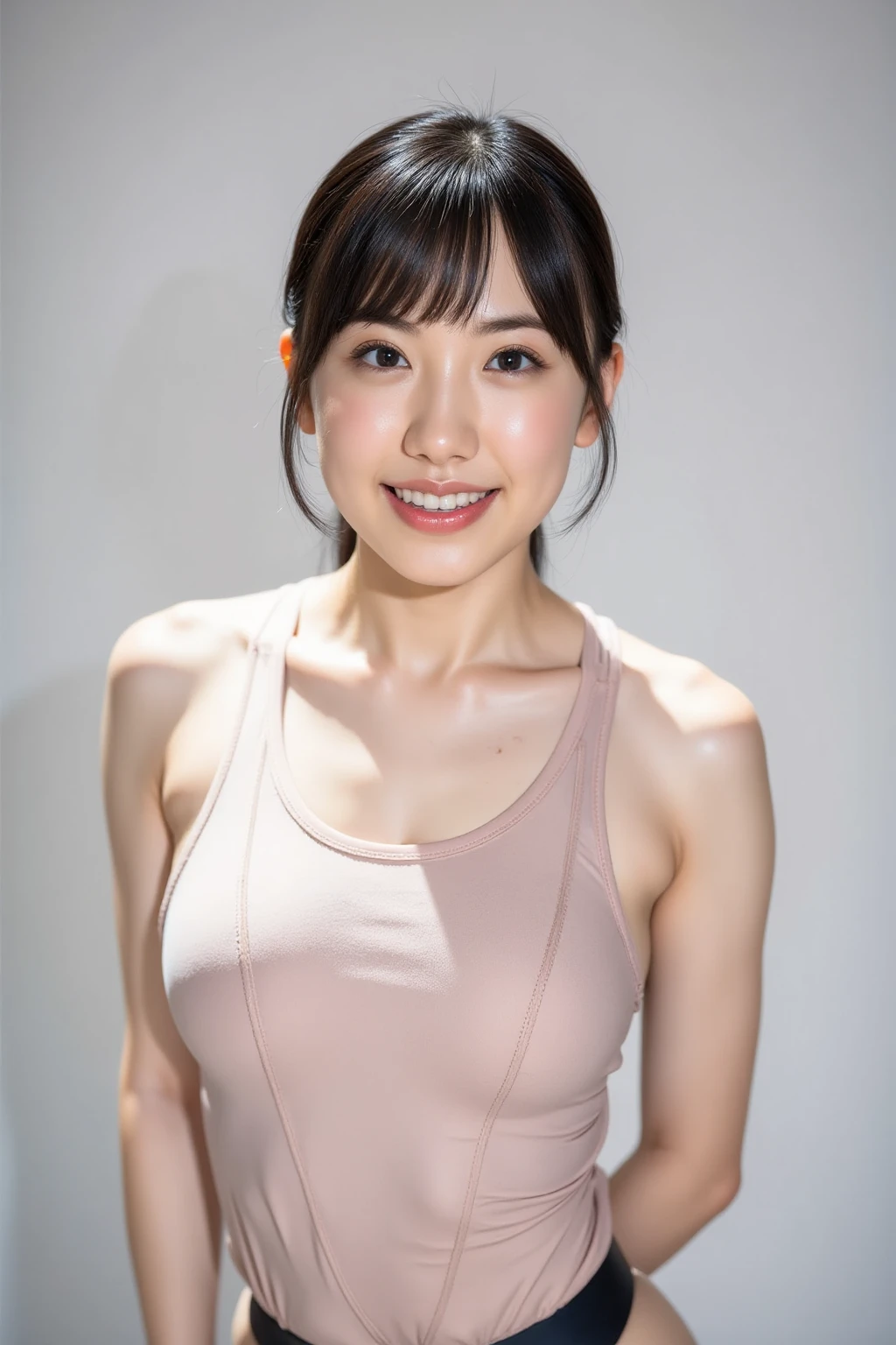 Highly detailed CG Unity 8k wallpaper, of the highest quality, masutepiece, Realistic, photographrealistic, Highly detailed beautiful woman, (((41 years old))),((Longhaire))、(((Large breasts)))、cleavage , (get sweaty) , Round eyes, ((You can see the shape of the nipple through the clothes))、Realistic female hands、viewer, blush, Smile, ((Tall pretty woman))、Parted lips, full body photographed , Tank top , Lewd sportswear ,((Muscle training))、 squatt, (((Thin sportswear)))、sports gym、erect through、Muchimuchi