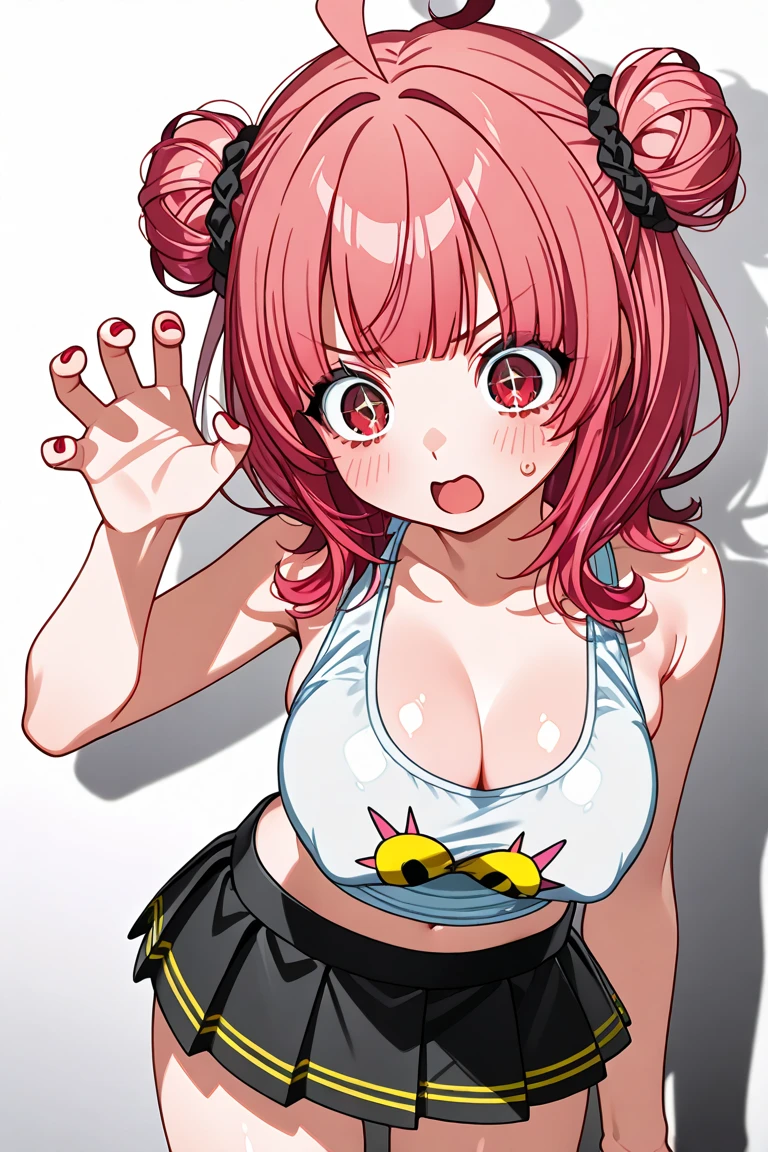masterpiece, best quality, HD, 4K, Ultra-high resolution, Extreme Detail, Super detailed,beautiful eyes, beautiful hair, Beautiful side, beautiful skin, reality, Arima Kana, Redhead,short hair, red eyes, big breasts, cheerleading clothing, arms in front spread arms,ahegao, blush, sweat, Charming smile, Close-up, Look at the viewer