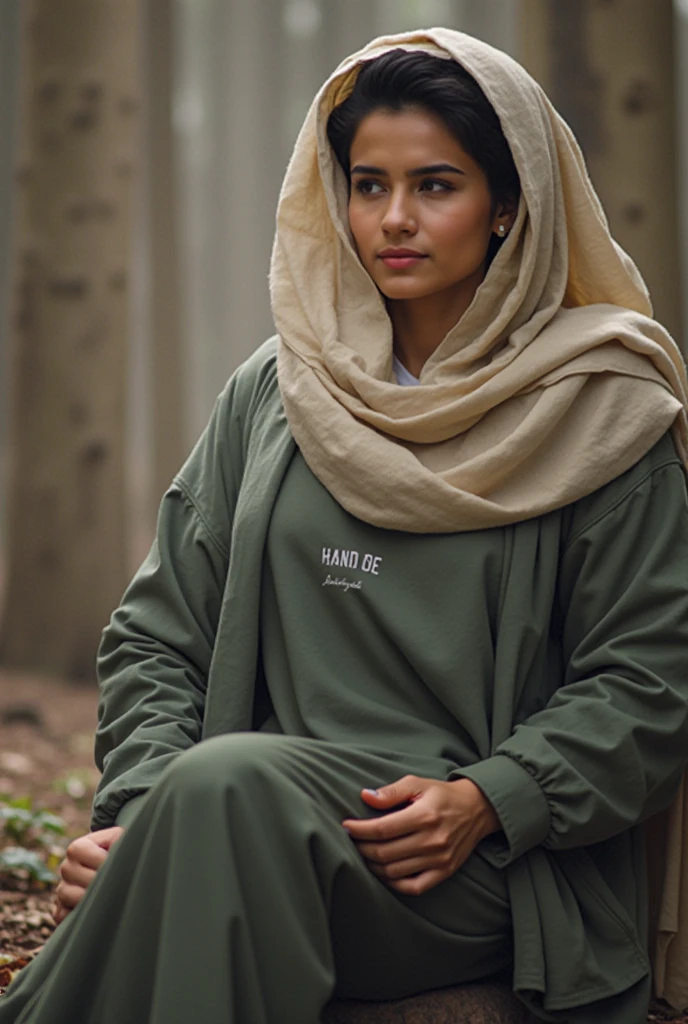 with black headscarf, white long sleeve t shirt, black sweatpants, white socks no shoes, Sexy woman talking to her friends in the garden.