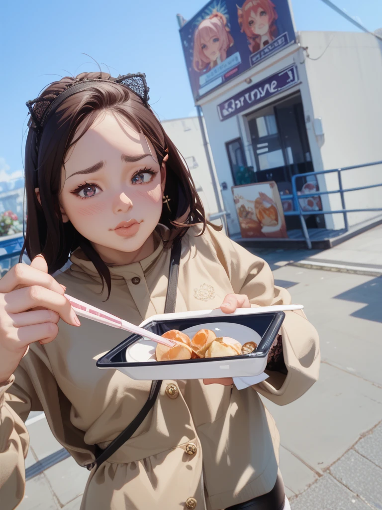 (A busty Malaysian woman, age 30, wearing a hijab and a crab themed bikini) waves a sign trying to get peoples attention for he Crab Shack diner she works at